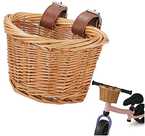 Xiixuuj Rattan Fahrradkorb für Kinder, Handgewebter Kleiners Fahrradkorb, Lenkerkorb, Kinderfahrradkorb Vorne Geflochten Aus Kunststoff Mit Lederriemen