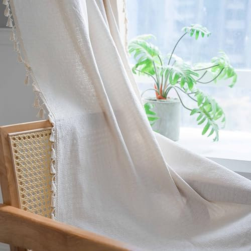 iyoimono Boho Vorhänge 2er Set Schwarz Vintage Vorhänge Landhausstil Häkeln Stricken Gardinen,Baumwolle Leinen Quaste Transluzente Verdunklung Gardinen für Küche Wohnzimmer Schlafzimmer,B150×H180cm
