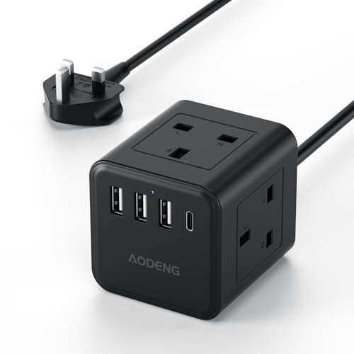 Extension Lead with 4 USB Slots, 4 Way (13A/3250W) Multi Plug Extension Cable, UK Desktop Power Extension Cord with Multi Socket, 1.5M Extension Cable (black, 1.5M)