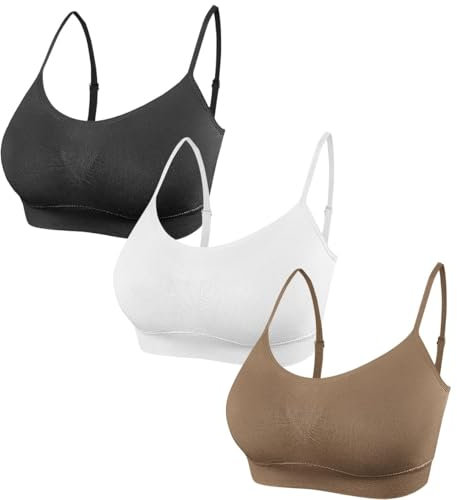 SHEKINI 3 Pcs Women's Sport Bra Seamless Padded Bralettes Yoga Bras Adjustable Leisure Stretch Crop Tops Cami Bras for Women Girl, Black+White+Brown
