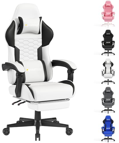 Opiesit Gaming Chair with Footrest,Ergonomic Gaming Chairs for Adults,Adjustable Height,Computer Game Chair with Headrest and Lumbar Support,Backrest Adjustable Swivel Gamer Chairs,White