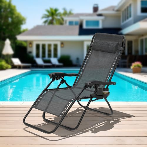 Klappbarer Liegestuhl, Gartenliege Extra Breit 64cm-Textilene-Relaxliege Verstellbar Rückenlehne mit Getränkehalter-Kissen, Faltbar Sonnenliege Outdoor Camping Balkon Terrasse, bis 120kg, Schwarz