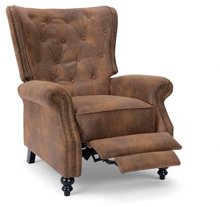 Stunning Chairs Brown Faux Leather Wingback Recliner – Chesterfield Style, Faux Leather Armchair Design, High Back Wing Chair & Fireside Chair with Buttoned Back, Studs & Wooden Legs