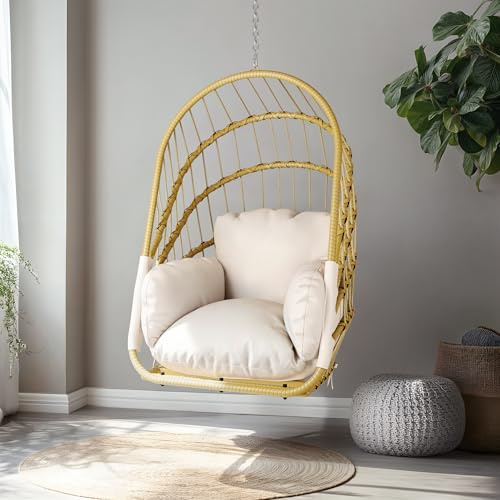 YITAHOME Hamaca Colgante sin Marco, Mecedora de ratán con cojín Lavable, Capacidad de Carga de 160 kg, Silla Colgante Plegable para terraza, jardín, Dormitorio y balcón, Color Beige
