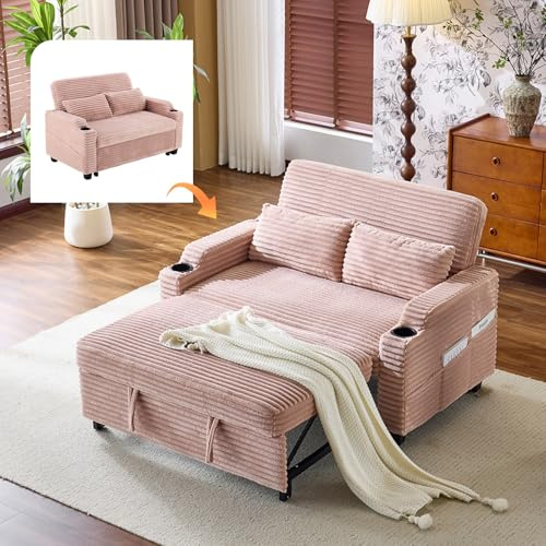 VINGLI Pink Futon Sofa Bed Convertible Loveseat Sleeper Sofa Couch, Corduroy Pullout Sofa Fold Out Couch Bed with USB Ports, Cup Holders, Armrest for Living Room, Bedroom Apartment Room
