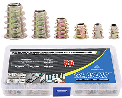 Glarks 80Pcs 6 Size Zinc Alloy Hex Socket Threaded Insert Nuts Assortment Kit for Wood Furniture