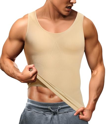 TAILONG Compression Shirts for Men Shapewear Slimming Body Shaper Waist Trainer Vest Workout Tank Tops Abdomen Undershirts (Beige, Medium-Large)
