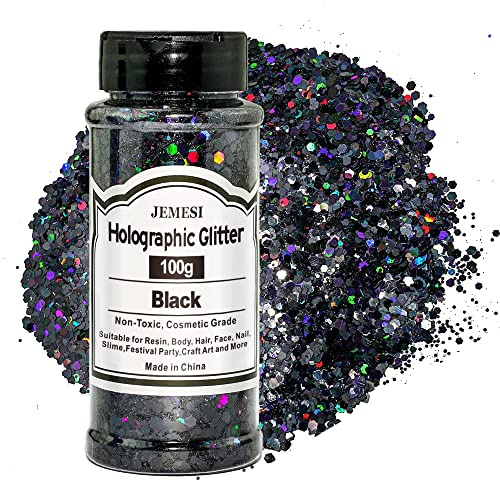 JEMESI Paillettes holographiques noires 100 g pour résine, visage, ongles, corps, artisanat, festival, art de fête