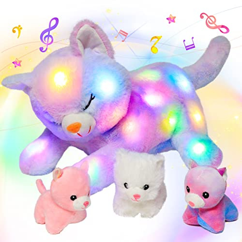 Hopearl Gato de Peluche Musical con Luces LED, Juguete de Peluche con 3 Gatitos bebés en su Barriga, canción de Cuna, Animado, para mamá, niños y niñas, Arco Iris, 18 Pulgadas