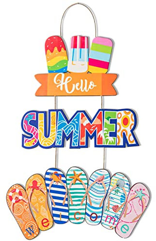 3Pcs Hello Summer Hanging Door Sign Decor Beach Welcome Sign Plaque Wooden Summer Home Decor Ice Cream Slippers Beach Hanging Decor With Ropes for Farmhouse Wall Beach Theme Indoor Outdoor Garden Yard