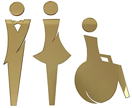 Pictogramme WC en relief. Plexi noir, blanc, miroir argent ou or. Lot de 3 plaques porte Toilettes hommes, femmes, handicapés autocollantes - Plexi miroir or -