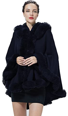 BEAUTELICATE Poncho Mantella di Pelliccia Sintetica con Cappuccio Donna Stola Scialle Cardigan Caldo Lavorata a Maglia con Collo per Invernale Nozze Matrimonio Festa (Blu Navy con Collo,Ttaglia Unica)