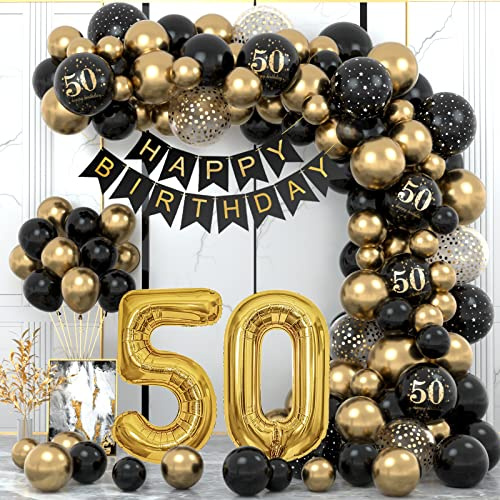 50th Birthday Decorations for Men and Women - Black and Gold Balloons, Happy Birthday Banner, Garland - Party Decor