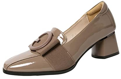 Oshhni Zapatos elegantes de tacón bajo y grueso para mujer, zapatos de vestir con punta cuadrada, tacón de bloque de 2 pulgadas, caqui, 37 EU