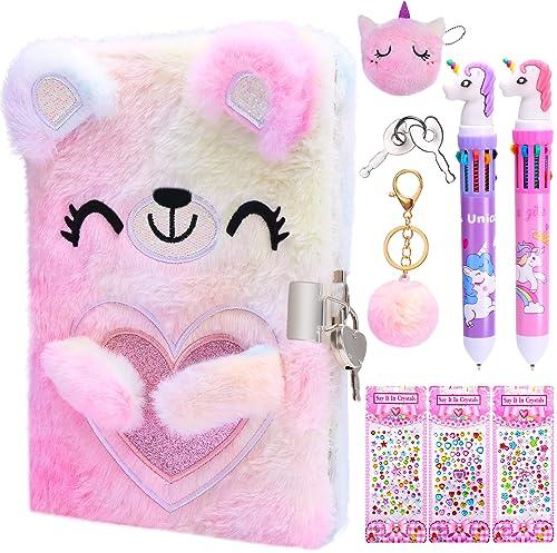 FRIUSATE Diary with Lock for Girls‘s Secret Fluffy Notebook and Pen Stationary Sets for Girls Teenager Kids with Coin Purse Keychain Stickers Ballpoint Pen Kids Writing Pink Stationary Sets
