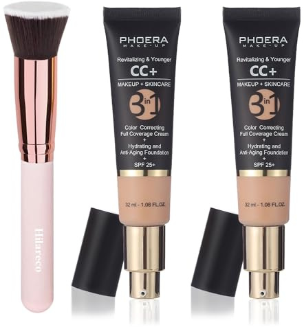 PHOERA CC Cream Foundation With SPF,PHOERA Full Coverage Foundation Color Correcting Cream,Anti Aging Hydrating Serum & SPF 25+ Sunscreen Natural Finish1.08 floz (2PCS 120 Nude)
