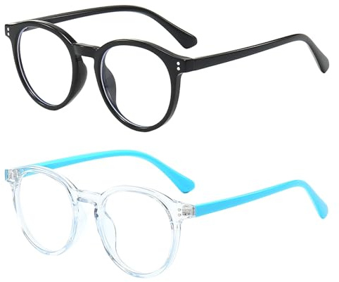 FANNYGO 2 Pack Kids Blue Light Blocking Glasses For Girls Boys Clear Computer Blocking Glasses For Boys Girls Age 4-10 (Black+Light blue)