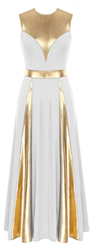 iiniim Femme Robe De Danse Liturgique sans Manche Métallique Robe De Danse Lyrique Moderne Costume Spectacle D'église Baptême Performance Blanc L