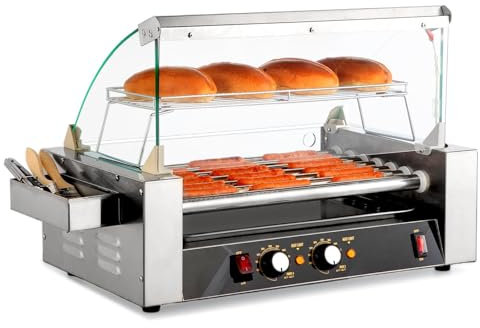DONGYEMO Macchina Commerciale per Hot Dog, 7 Rulli 18 capacità Hot Dog, 1200 W Macchina per Grigliare Salsicce con Doppio Controllo della Temperatura Cappa in Vetro Copertura Acrilica Scalda Panini