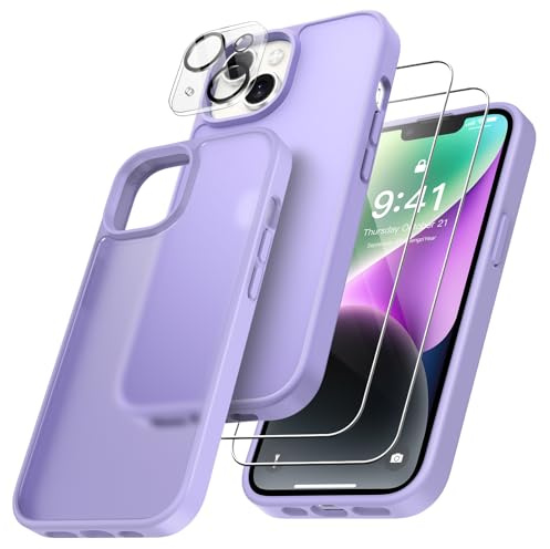 FLLAO 4 en 1 Coque pour iPhone 14 avec 2 Verre Trempé et 1 Caméra Protecteur, [Coussin d'air Intégré] Antichoc Antirayures Bumper Protection Housse pour iPhone 14 6.1, Violet Clair