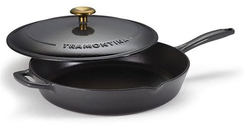 Tramontina Enameled Cast Iron Skillet with Lid, 12-inch Frying Pan, Smoke with Gold Knob