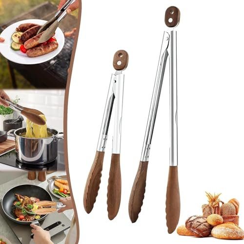Wood Material Food Tongs Kitchen Portable Multifunctional Cooking Tool for Cooking Flipping Grilling Anti-Heat Bread Clip Pastry Clamp for Desserts Salads BBQ Wood Foods Tongs (2pcs)