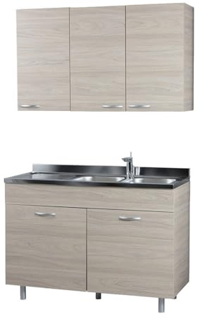 Cucina in Kit 120 cm Olmo con Mobile Sottolavabo e Pensile con 3 Ante - Design Naturale