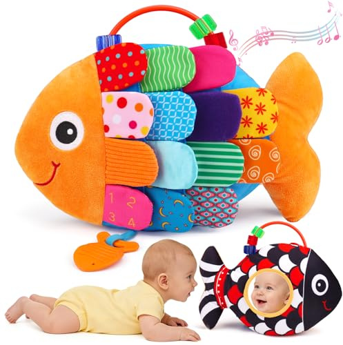 Baby Sensory Tummy Time Toys 0-6 Months Music Fish Toy for Infant 3 4 5 6 Month High Contrast Newborn Toy with Mirror Crinkle Rattle for 3-6 6-12 Month Baby Boy Girl Shower Gift Easter Basket Stuffers