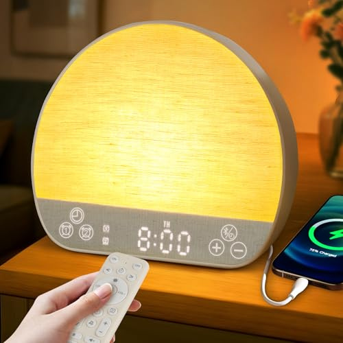 JONRRYIN Sunrise Alarm Clock Tap Snooze, 37 Sounds White Noise Machine Gentle Wake Up Light with Bluetooth, Remote, USB Charging & 15 Color Night Lamp, Sunlight Alarm for Heavy Sleeper Bedroom Gift