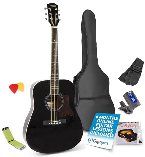 Max SoloJam Western Acoustic Guitar Starter Pack with String Cleaning Tool – Full Size Steel String Dreadnought Beginner Kit, Gig Bag, Tuner, Picks, Accessory Set, Microfibre Cleaner, Black Finish