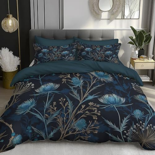 Full Duvet Cover Sets - Thistle Pattern Print Reversible Duvet Set (1x Quilt Cover, 2 x Pillowcases) Soft Microfibre Bedding Bed Set 80x 90, Navy Blue