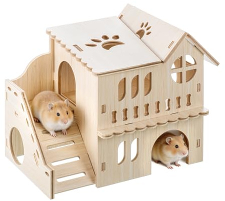 IONEKIUK Wooden Hamster House with Platform Hideout, Hamster Accessories