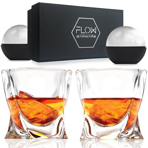 Juego de 2 vasos de whisky con diseño trenzado, vasos pesados perfectos para cócteles escoceses, bourbon, ginebra, tónico y negroni, Incluye 2 moldes para bolas de hielo