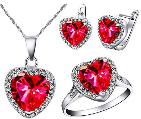 Uloveido Hjärthänge halsband örhängen och ringar set för flickor vitguldpläterade jubileumssmycken set för kvinnor T481, L1/2(51.9mm), Kristall, Kubisk zirkonia