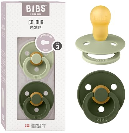 BIBS Colour Soother 2-Pack, BPA Free Dummy Pacifier, Round Nipple. Natural Rubber Latex, Size 3 (18+ Months), Sage/Hunter Green