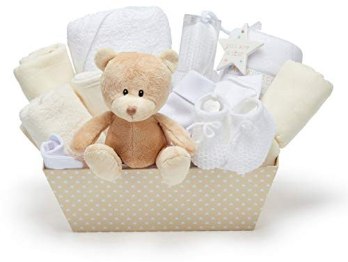 Neutrales Baby-Geschenkkorb – mit Fleece-Wickeltuch, Kapuzenhandtuch, Babykleidung, 2 Mulltücher und süßem braunen Teddybär