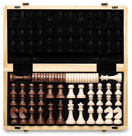 A&A 15 Magnetic Wooden Chess Set/Folding Board / 3 King Height German Knight Staunton Chess Pieces/Mahogany & Maple Inlaid /2 Extra Queen