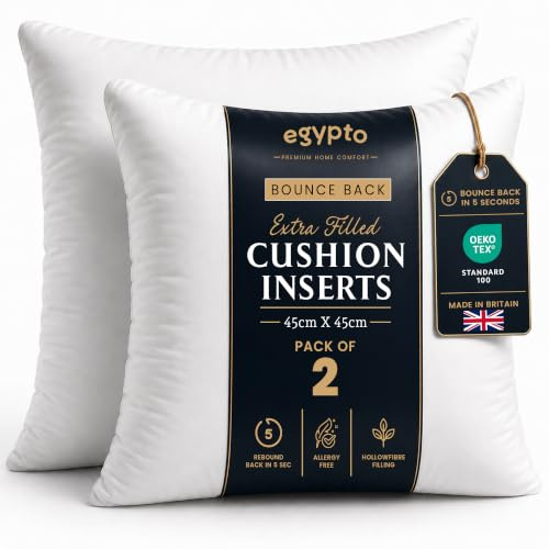 EGYPTO Pack of 2 Cushion Inserts 45cm x 45cm | Plump Bounce Back 18 x 18 Cushion Insert Pads | Hypoallergenic Sofa & Throw Pillows Inner | Made in UK
