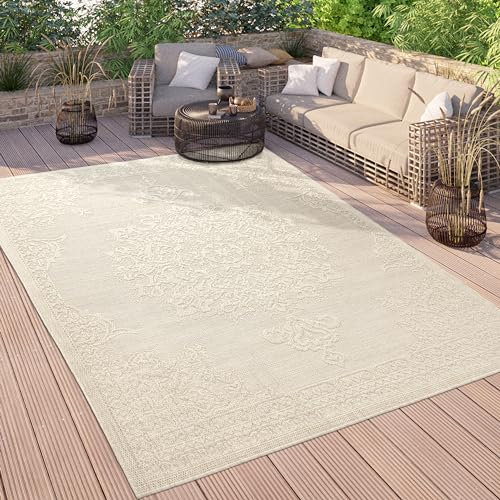Paco Home Outdoor Teppich Wetterfest Balkon Küche Wohnzimmer Orientalisches Muster Vintage Optik Einfarbig 3D Modern, Grösse:120x160 cm, Farbe:Creme