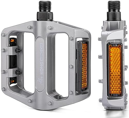 Mountain Bike Pedals 9/16 Inch - Bicycle Flat Pedals with Reflectors - Lightweight Aluminum Alloy Wide Platform Pedals for Mountain Bike, BMX, Road Bike Pedals (Sliver)