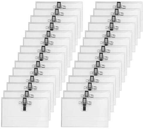 100 stycken namnskyltar, 90 x 56 mm plast transparent namnskylt för kläder clip visitkort namnskyltfodral med klämma nål för kontor skola resor