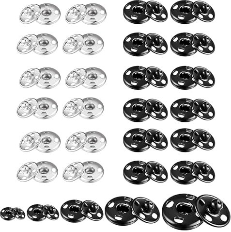 Press Studs Snap Fasteners Sew On Silver Black Large Small Heavy Duty Metal Buttons Clasp for Duvet Covers Wool Baby Clothes Glasses Cases Leather Bags Coats (24 Sets Black&Silver 7mm)