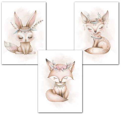 LAVEMA Bilder Babyzimmer Deko | Kinderzimmer Poster Tiere Beige | Poster A4 ohne Bilderrahmen | Deko Bilder Kinderzimmer Mädchen
