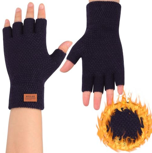 Lancry Coppia di guanti senza dita per adulti, invernali, lavorati a maglia, per touchscreen, caldi, elastici, mezze dita, per donne e uomini, per lavorare e andare in bicicletta, Marina Militare,