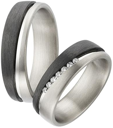 123traumringe Eheringe in Carbon & Titan I Partnerringe mit 7 Zirkonia & Etui I Gravierbare Eheringe mit Ringgröße 50-72 mm I Hochwertige Verlobungsringe in 6 mm Breite & 2 mm Stärke I S 58
