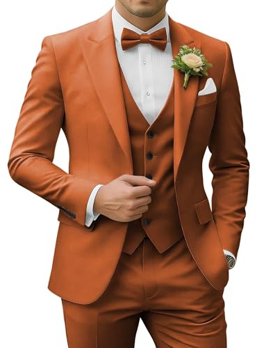 SPTALLFITJSV Men's 3 Piece Suits Slim Fit Peak Lapel 2 Button Blazer Jacket Vest Pants Set Wedding Business Prom Party Suit, Burnt Orange, M