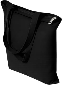 Mimain Tote Bag Tela Negra con Cremallera y Bolsillo. Bolsa de Tela Grande y Resistente para Compras, Universidad Mujer, Bolsas Negras con Cremallera, Regalo para Amiga (1)