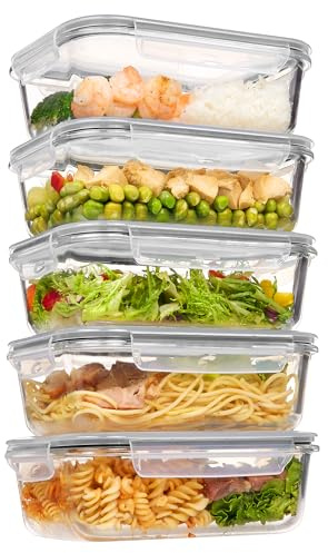 Vtopmart 5Pack 28.4oz Glass Storage Containers with Lids, Meal Prep Containers Reusable, Airtight Glass Lunch Box for Microwave, Oven, Freezer and Dishwasher