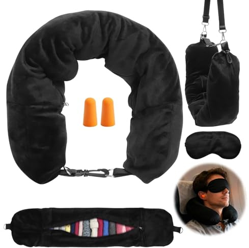 VOSSOT Almohada de Viaje Rellenable Cojin Cervical de Viaje, Cojín para Cuello de Avión, Multifuncional en Forma de U para Viajar en Coche O Vuelo con Máscara de Ojos Y Tapones para Los Oídos