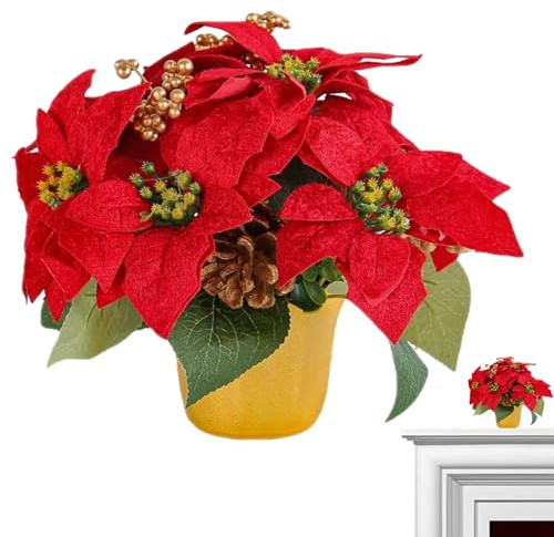 Odoukey Poinsettia Fleurs artificielles en Pot doré 7 têtes Rouge noël 11x7, 9 Pouces Table pour Bureau à Domicile